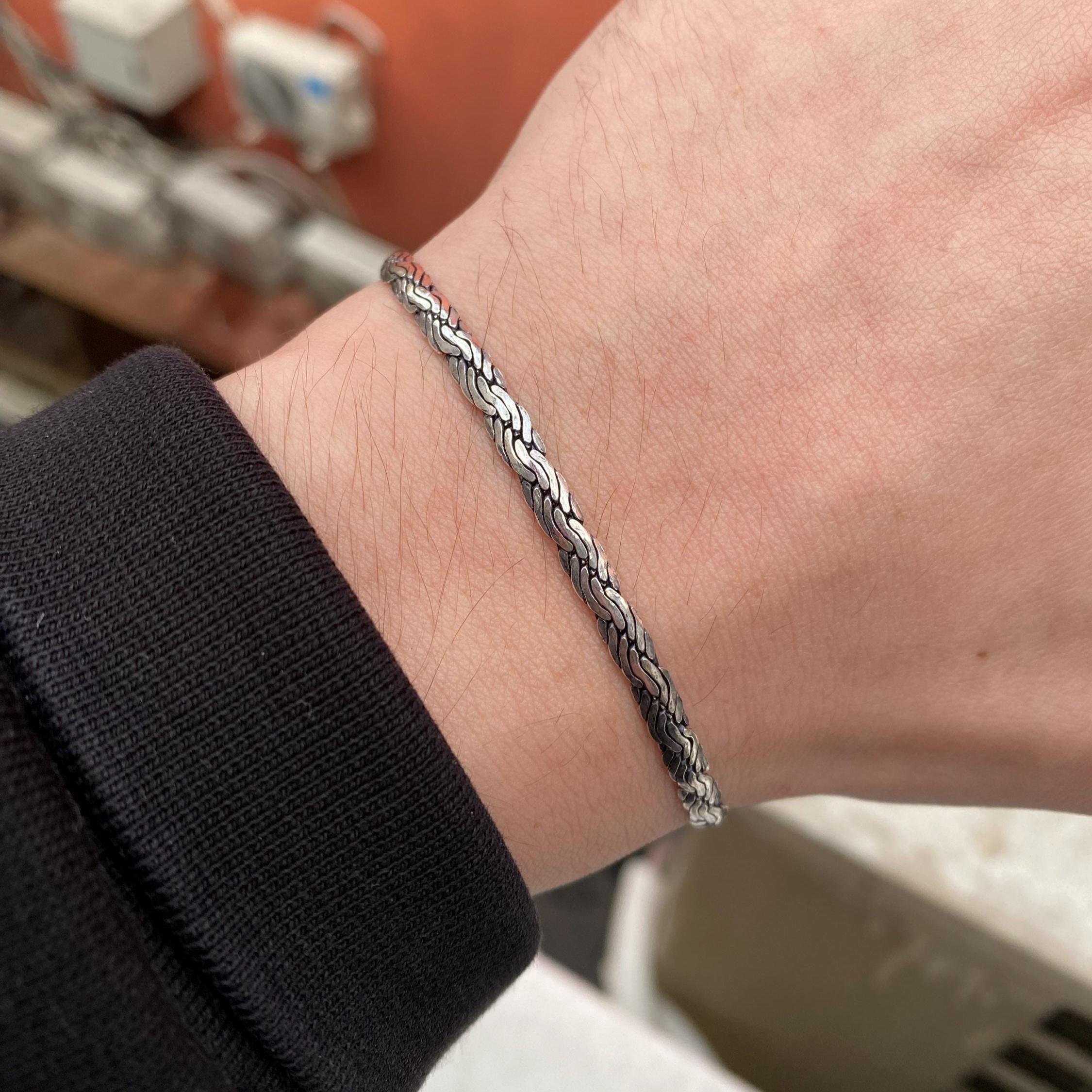925 Sterling Silver Flat Rope Chain Bracelet for Men, Twisted Link