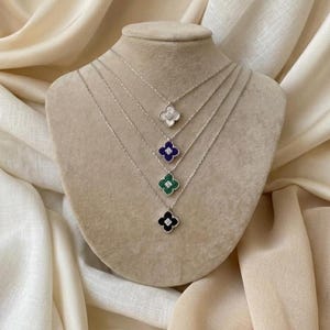 Clover Necklaces, Mother of Pearl Necklace, Onyx, Malachite, Navy Blue, Natural Gemstone Clover Necklace, 925 Sterling Silver