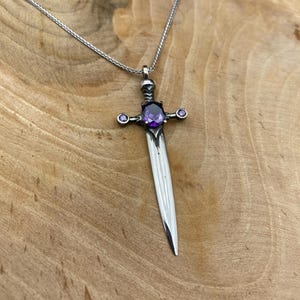 Amethyst Sword Necklace, 925 Sterling Silver, Warrior Sword Pendant, Oxidized Silver Necklace, Unisex Sword Necklace, Long Sword Necklace