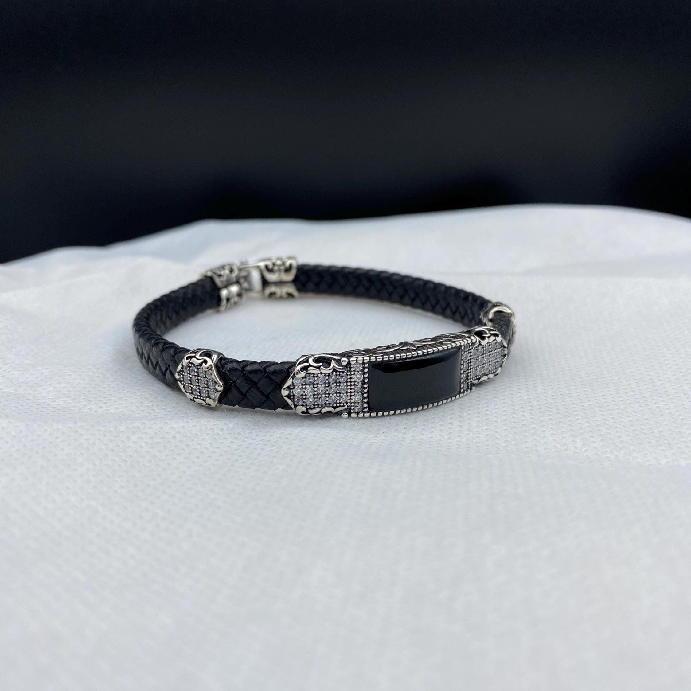 ブラックオニキスメンズブレスレット、ハンドメイドシルバー