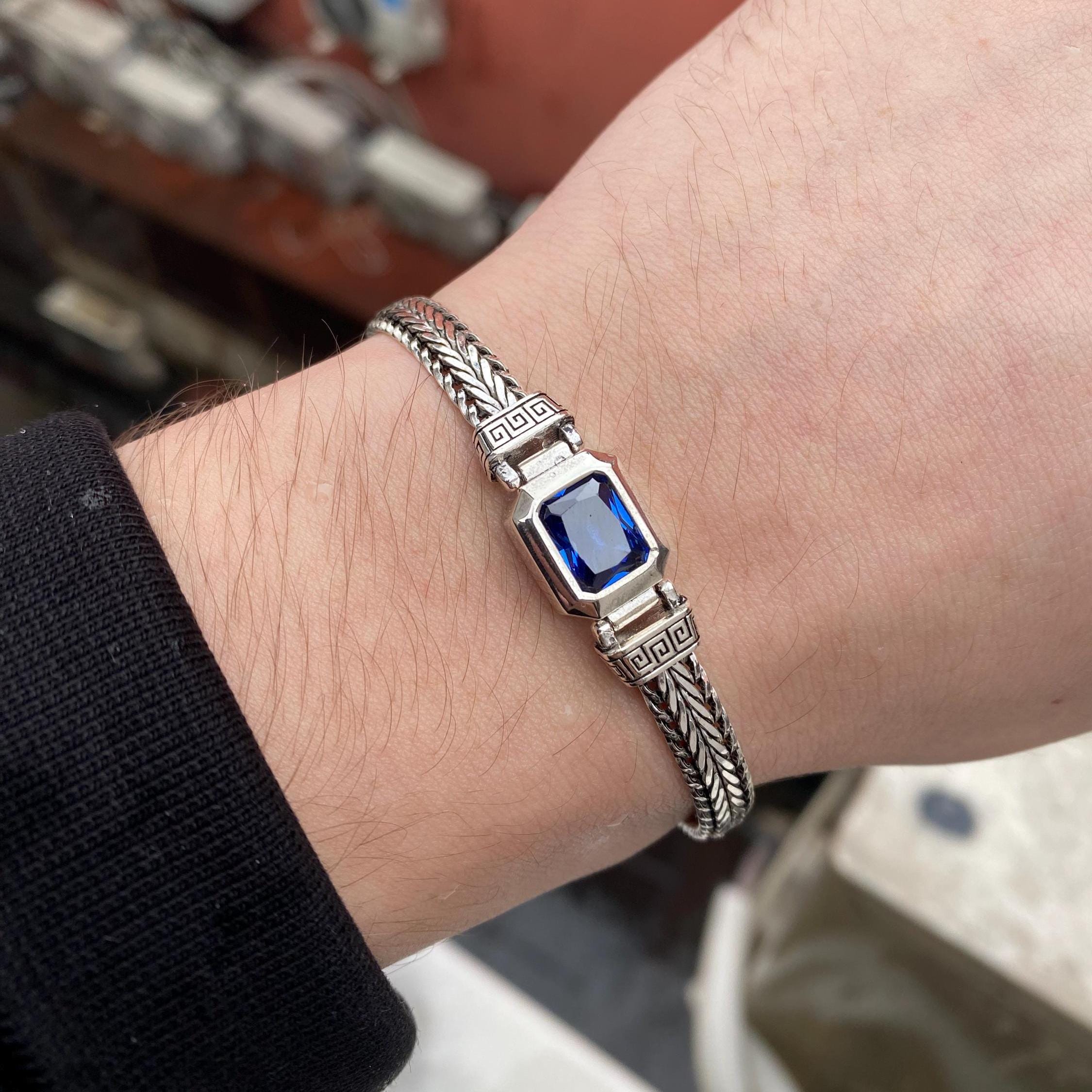 Sapphire Men's Bracelet, Sterling Silver Foxtail Chain, Greek Key