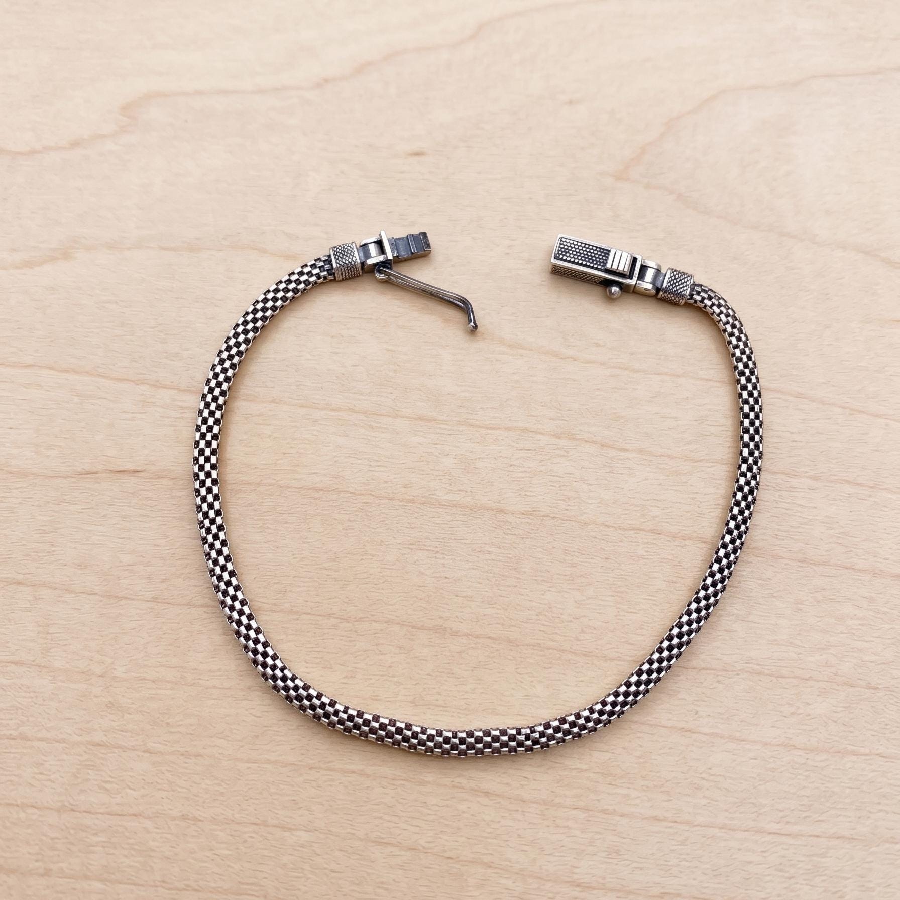 925 Sterling Silver Popcorn Chain Bracelet, Oxidized Woven Mesh
