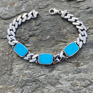 925 sterlingzilver, Cubaanse ketting, vierkante turquoise steen, Cubaanse schakelarmband, handgemaakte zilveren sieraden, cadeau voor hem, cadeau voor mannen