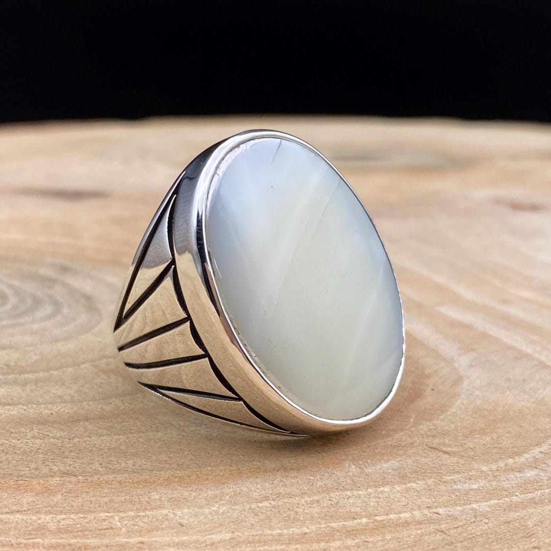 925 Sterling Silver Mother of Pearl Men's Ring, Handmade White