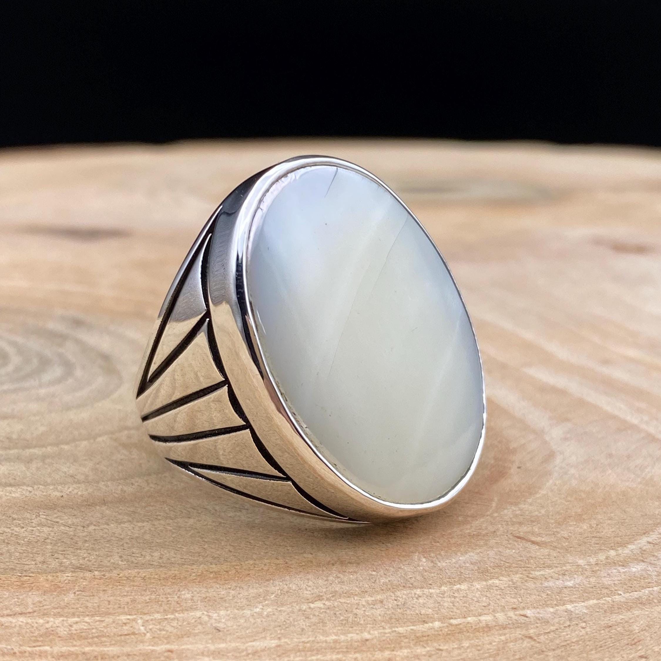 925 Sterling Silver Mother of Pearl Men's Ring, Handmade White