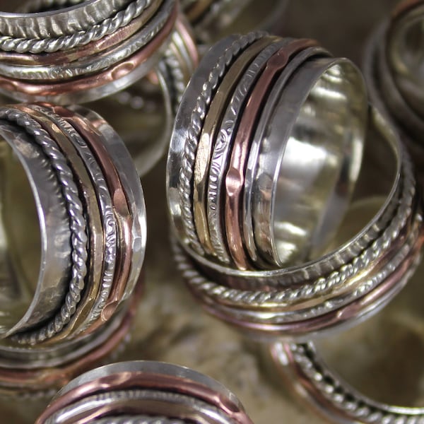 Short Stack Spinner Ring avec bandes sterling, cuivre et cuivre