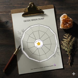 May include: A clipboard with the text "GEODE BRAIN DUMP" and a diagram of a geode. The diagram has a star in the center with the text "Pressure creates gems but you are the jewel." A pen, a crystal, and greenery are also present.