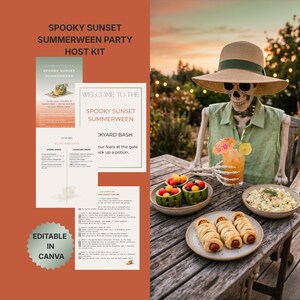 May include: A Halloween-themed party host kit with the text "Spooky Sunset Summerween Party Host Kit." The image includes a skeleton wearing a hat, food, drinks, and party planning materials. The kit is editable in Canva.