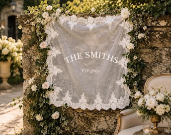 Custom Last Name Wedding Banner, Sheer Lace Fabric Backdrop, Boho Hanging Wedding Sign, Elegant Ceremony Decor