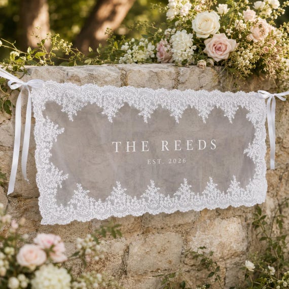 Personalized Wedding Lace Banner, Custom Couple Name Garden Wedding Sign, Elegant Ceremony Backdrop, White Lace Reception Decor
