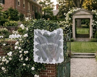 Custom Last Name Banner, Personalized Wedding Sign, Romantic Ceremony Reception Banner, Sheer Lace Fabric Wedding Backdrop