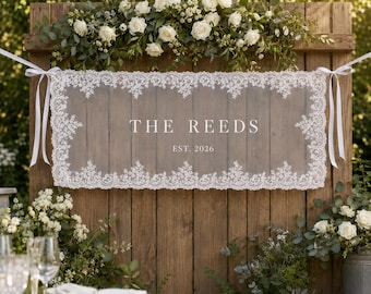 Personalized Lace Wedding Last Name Banner, Custom Sheer Surname Sign, Romantic Ceremony Backdrop, Garden Reception Decor