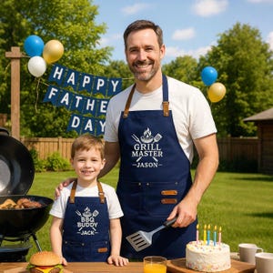 Father Son Grilling Apron, Personalized Adult Kids Apron, Cooking & Dining, Head Chef Sous Chef,Father's Day Gift,Gifts for Men,Canvas Apron