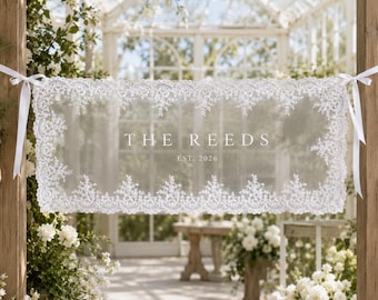 Personalized Wedding Lace Banner, Custom Couple Name Ceremony Backdrop, Elegant Reception Entrance Sign, White Lace Wedding Decor