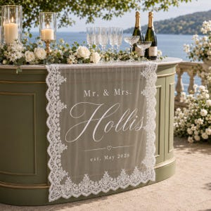 Custom Wedding Bar Banner, Personalized Lace Cocktail Bar Sign, Sheer Fabric Reception Table Drape, Last Name Wedding Decor