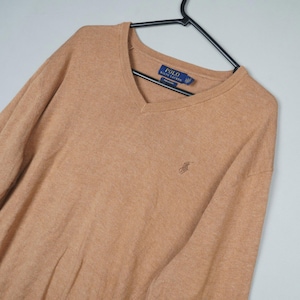 Polo Ralph Lauren Jumper Mens Large Tan Brown Knit V-Neck Sweater Stretch Pima