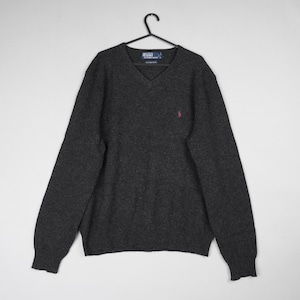 Ralph Lauren Jumper Mens Large Dark Grey Pure Wool Knitted V-Neck Sweater B60
