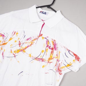 FILA Polo Shirt Womens UK 10 White Paint Pattern Tennis Vintage 1990s