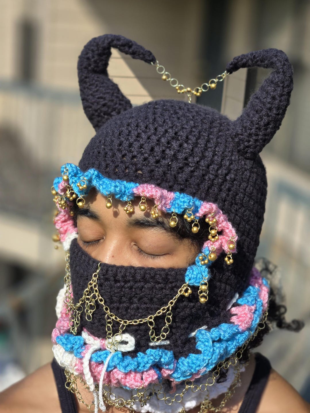 Trans Mask Crochet Trans Pride Balaclava Mask: Rave Goth Fashion With Horns ...