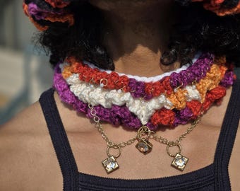 Crochet Jester Collar: Lesbian Pride Frill Clown Necklace