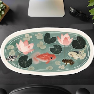 Die Cut Desk Mat,Cute Green Koi & Lily Pads Zen Pond, Kawaii Tranquil Japanese Oval Edge Cut Large Gaming Desk Pad Gift for her,girl,Kid