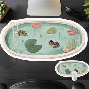 Die Cut Desk Mat,Mouse Pad,Cute Green Frog Pond Pool,KawaNature Lily Pads Plants,Oval Edge Cut Large Gaming Desk Pad Gift for her,girl,Kid