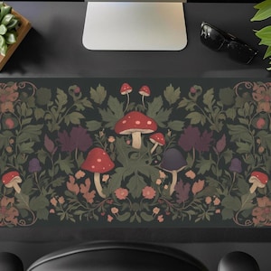 Desk Mat,Art Nouveau Botanical Mushroom,Black Vintage Leaves Floral,Aesthetic Nature,Cute Large Mouse Pad for Office Desk Decor,Gift for her