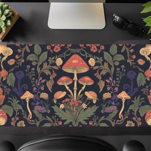 Desk Mat,Black Botanical Mushroom,Aesthetic Nature,Vintage Leaves Floral,Cute Large Mouse Pad for Office Desk Decor,Art Nouveau,Gift for her