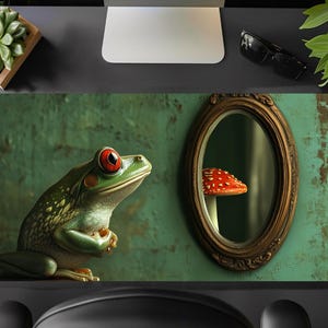 Desk Mat,Cute Funny Zen Frog & Mushroom,Green Aesthetic Mouse Pad, Large Gaming Desk Pad,Kawaii Cartoon Desk mat,Hilarious Animal Mouse Pad