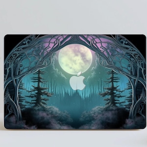 May include: Laptop case featuring a fantasy forest scene with a full moon, silhouetted trees, and a white Apple logo. The design incorporates shades of blue, purple, and green, creating a mystical atmosphere. The case has a black border.