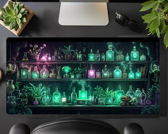 May include: A desktop mousepad featuring a fantasy apothecary scene. The design showcases shelves filled with glowing potion bottles, plants, and mystical elements in shades of green, purple, and pink. The overall theme is magical and whimsical.