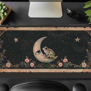 Cute Gothic Moon Frog & Botanical Floral Desk Mat,Dark Cottagecore Aesthetic Dark Nature Mouse Pad,Celestial Large Gaming Keyboard Desk Pad