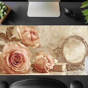 Könnte beinhalten: Eine Schreibtischunterlage im Vintage-Stil mit einem floralen Design mit drei rosa Rosen und einem dekorativen, verzierten Rahmen. Der Hintergrund ist ein strukturiertes, gealtertes Papier mit einem verblassten Look.