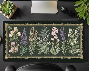 Botanical Floral Desk Mat: Dark Cottagecore Victorian Mushroom Mouse Pad
