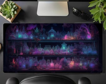 May include: A digital illustration of a shelf filled with glowing glass bottles and jars. The bottles are filled with colorful liquids and have a magical, mystical feel. The shelf is set against a dark background with a purple and blue glow.