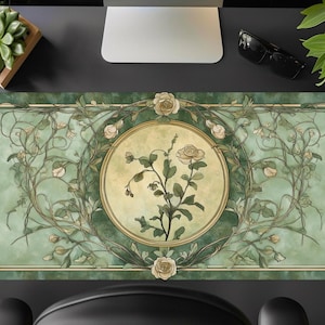 Green Cottagecore Desk Mat: Victorian Rose, Art Nouveau Floral