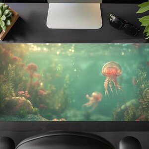 May include: A close-up of a pink jellyfish swimming in a green and blue underwater scene. The jellyfish has long tentacles and is surrounded by seaweed and other marine life.