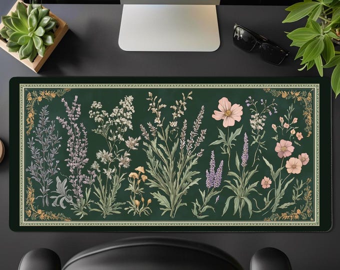 Botanical Floral Desk Mat: Dark Cottagecore Vintage Mushroom Mouse Pad