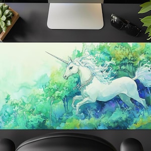 Desk Mat,Cute Unicorn in the Tree,Green Botanical Nature,Kawaii Magical Animals Cartoon,Large Gaming Mouse Pad,Custom Size,gift for her,girl