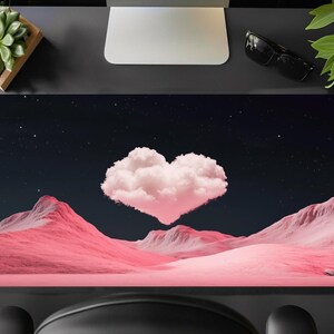 Cute Aesthetic Heart Desk Mat, Large Black Pink Gaming Mouse Pad for her, Kawaii Funny Fantasy Anime Cartoon Cloud Night Sky Keyboard Mat