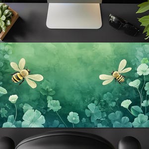 Green Desk Mat,Bee at Botanical Garden,Vintage Insects,Plant,Nature,Art Nouveau Large Gaming Mouse Pad,Custom Size,gift for her,girl,mum