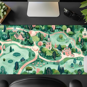 Desk Mat,Kawaii Green Garden Castle,Nature Forest,Cute Funny Anime Cartoon Aesthetic fantasy, Large Mouse Pad.Christmas Gift for her,kids