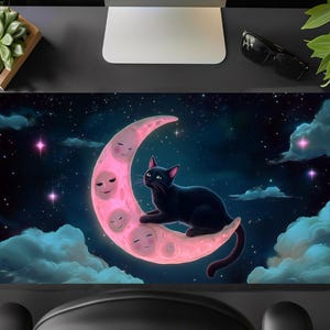 Lo-Fi Gothic Glowing Cat Moon Desk Mat,Gothic Cottagecore Aesthetic Celestial Mouse Pad,Cute Blue Pink Large Extend Gaming Keyboard Desk Pad