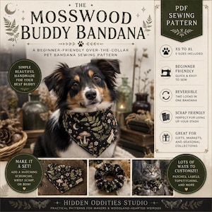 Può includere: Un cartamodello PDF per una bandana per animali domestici intitolato The Mosswood Buddy Bandana. L'immagine mostra un cane che indossa una bandana nera con una stampa botanica di funghi e felci, insieme a un elastico abbinato e un gatto.