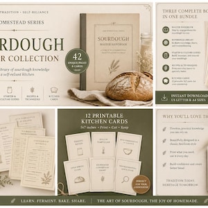 Może przedstawiać: Kolekcja Sourdough Master zawiera podręcznik, bibliotekę referencyjną, przewodniki po zakwasie, przepisy i 12 kart kuchennych do druku. Zestaw składa się z beżowych dokumentów z ciemnym tekstem oraz ilustracjami pszenicy i bochenka chleba.