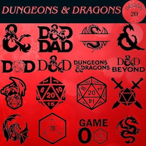 Op de afbeelding: Een set van 12 zwart-witte Dungeons & Dragons-thema SVG-ontwerpen. De ontwerpen omvatten een draak, dobbelstenen en het Dungeons & Dragons-logo. Ontwerp 20.