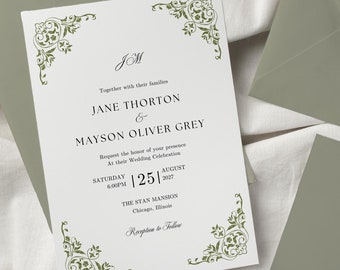 Classic Vintage Wedding Invitation, Woodland Wedding Invitation, Elegant Garden Wedding, Coquette Wedding, Editable Canva Template, Greenery