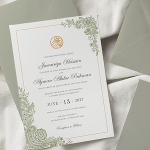 Elegante Salbeigrüne Muslimische Hochzeitseinladung Vorlage, Islamische Nikah Invite, Neutrale Creme Gold Blumen Walima Karte, Hochzeitseinladung zu Spitze