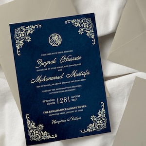 Luxus-Marineblaue Muslimische Hochzeitseinladung Vorlage, Islamische Nikah Einladen, Katb Kitab, Gold und Blau Walima Karte, Elegante Verlobung Einladen