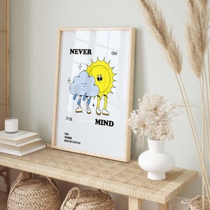 Blue and Yellow Never Mind Retro Funny Wall Art Trendy Print Art Motivational Quote Wall Art Inspirational Quote Print For Gift Loved Ones